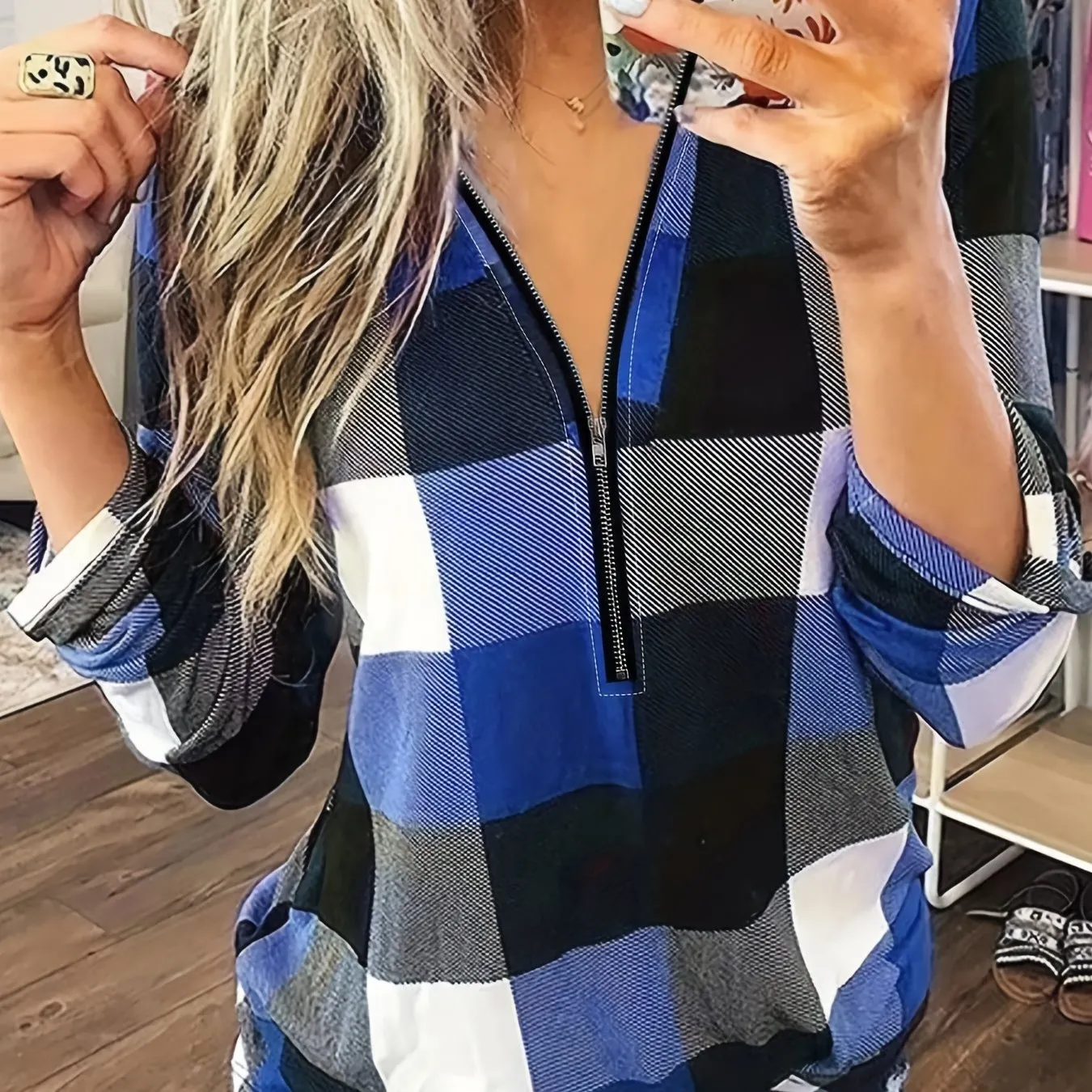 Stylish Plaid Zipper Blouse Casual Slimfit Womens Fashion