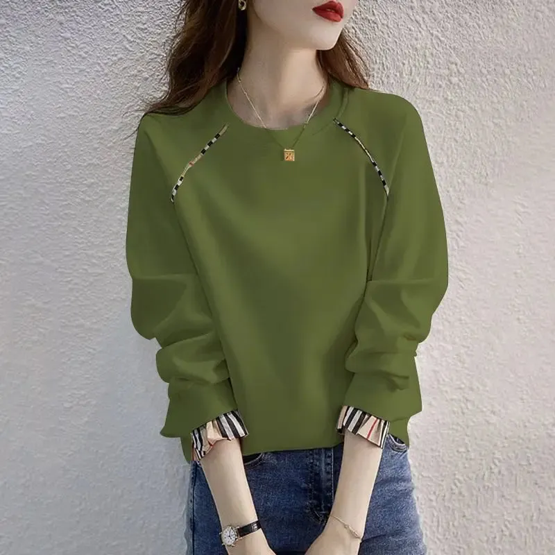 Thin Pure Cotton Sweatshirt Women Spring Autumn Korean Version Hatless Pullover Long Sleeve Round Neck Fake Two Piece Top