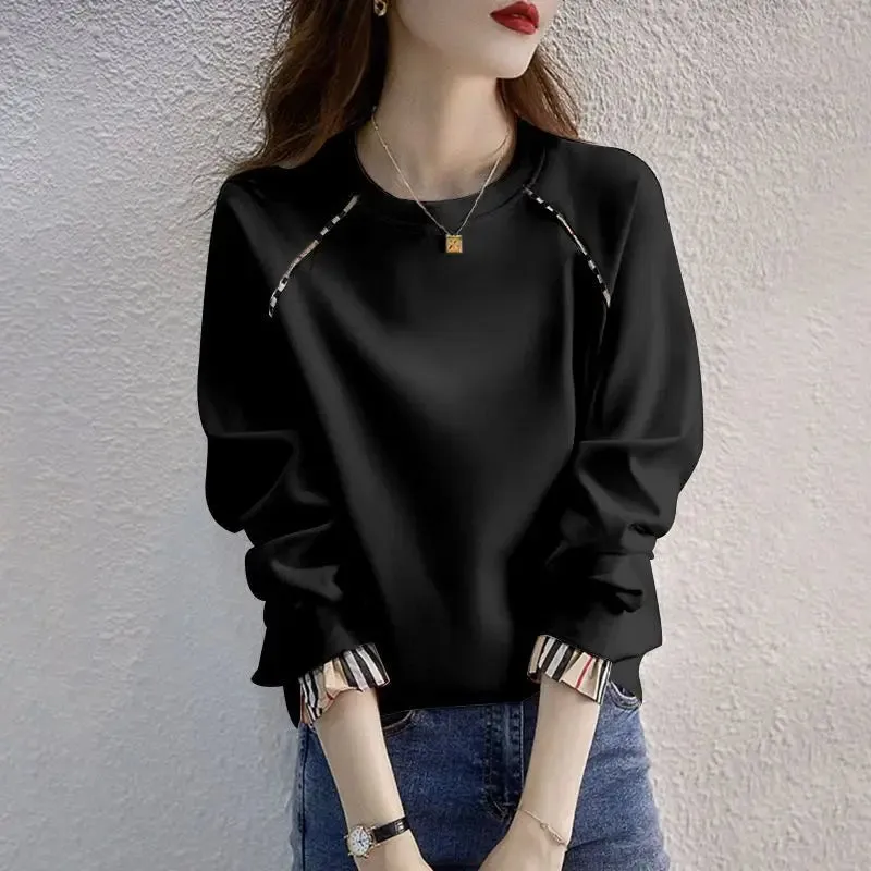 Thin Pure Cotton Sweatshirt Women Spring Autumn Korean Version Hatless Pullover Long Sleeve Round Neck Fake Two Piece Top