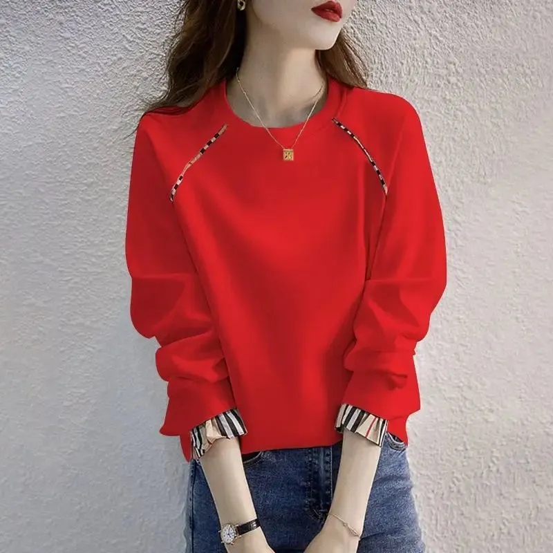 Thin Pure Cotton Sweatshirt Women Spring Autumn Korean Version Hatless Pullover Long Sleeve Round Neck Fake Two Piece Top