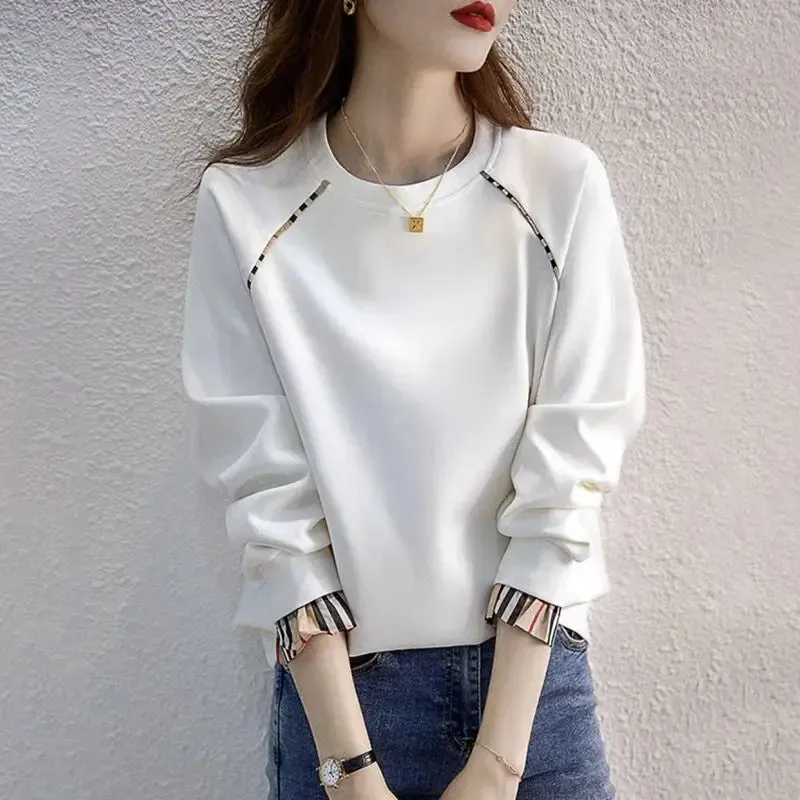 Thin Pure Cotton Sweatshirt Women Spring Autumn Korean Version Hatless Pullover Long Sleeve Round Neck Fake Two Piece Top