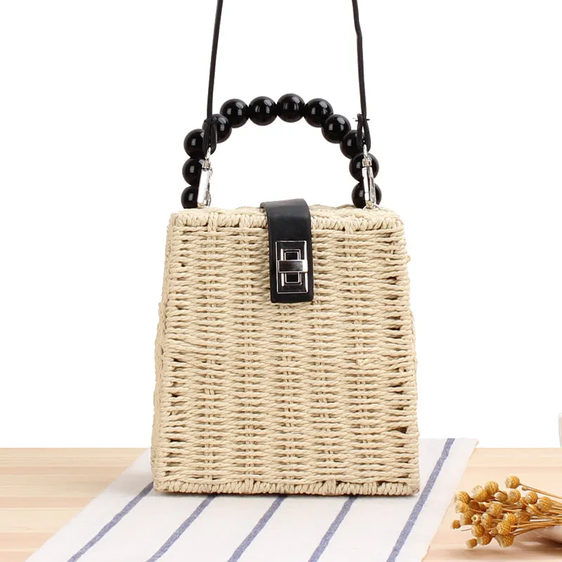 Trendy Wooden Bead Metal Lock Handbag