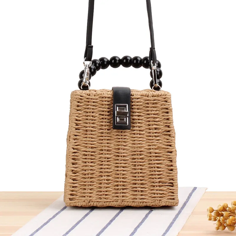 Trendy Wooden Bead Metal Lock Handbag