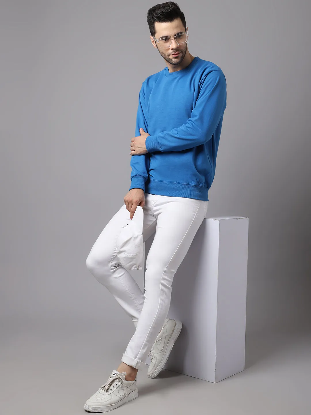 Vimal Jonney Fleece Round Neck Blue Sweatshirt for Men