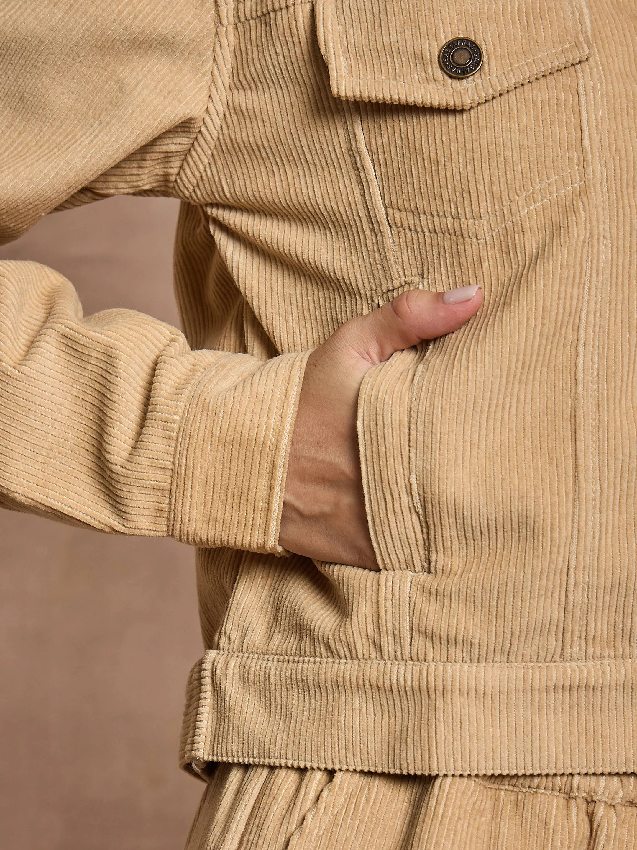 Women Beige Corduroy Full Sleeve Jacket