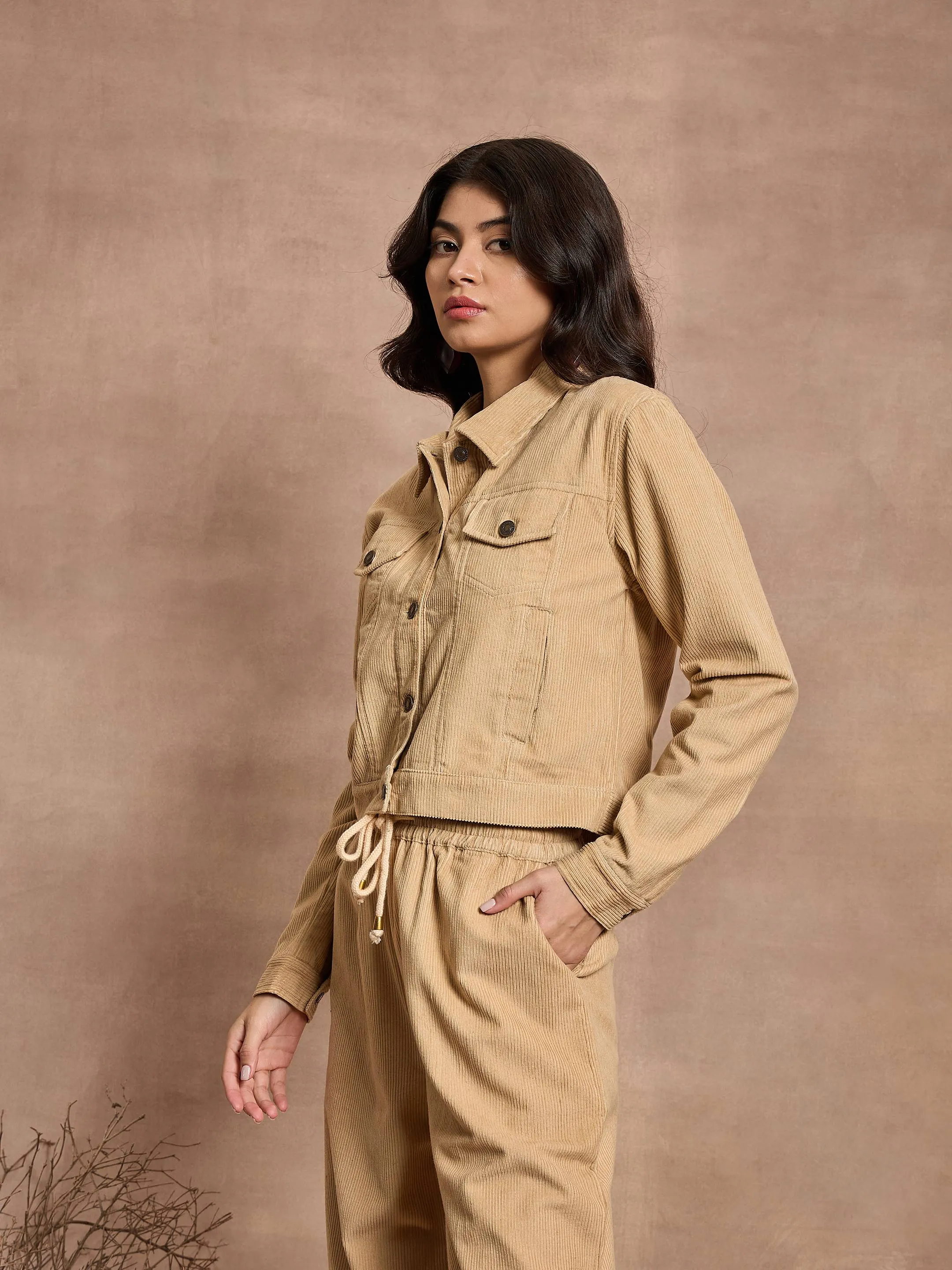 Women Beige Corduroy Full Sleeve Jacket