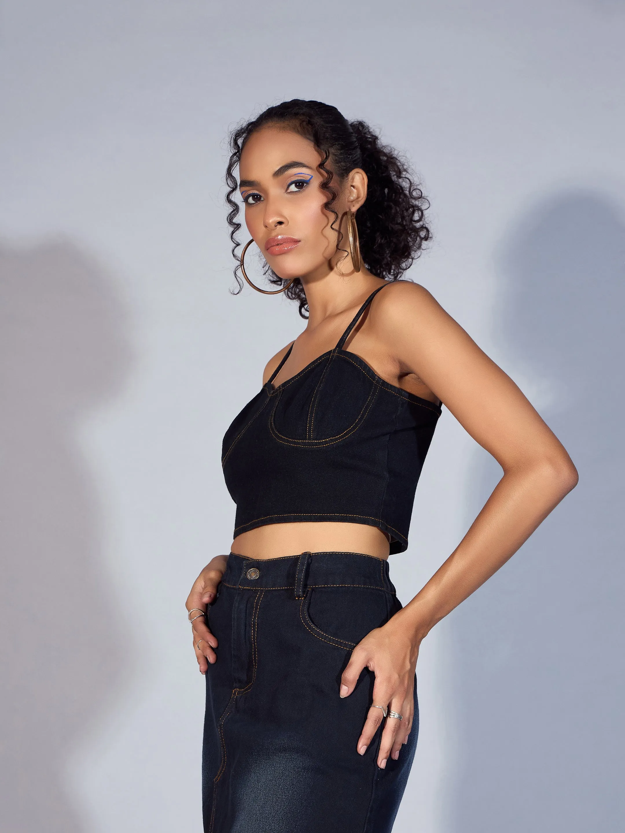 Women Black Denim Strappy Crop Top