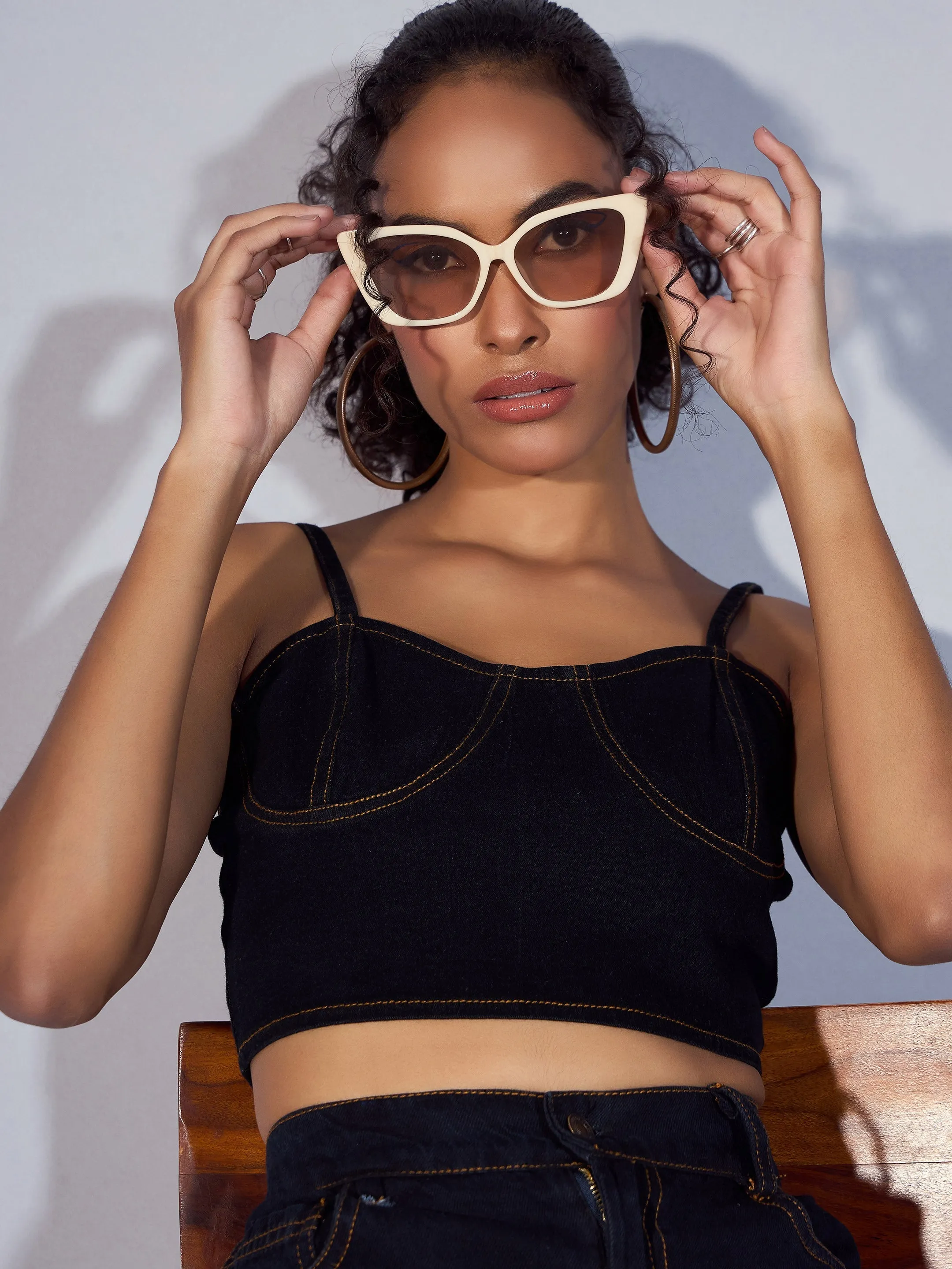 Women Black Denim Strappy Crop Top