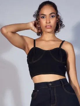 Women Black Denim Strappy Crop Top