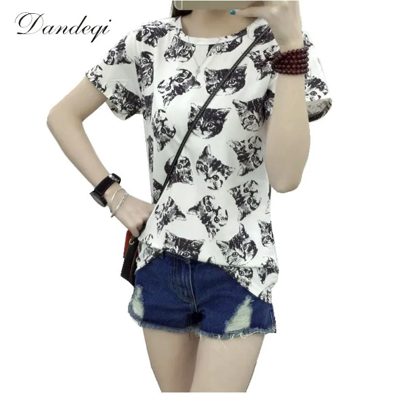 Women Top Summer New Fashion Female T-shirt Korean Sweet Cartoon Cat Printed Ladies Short Sleeve Tops Plus Size M-4XL