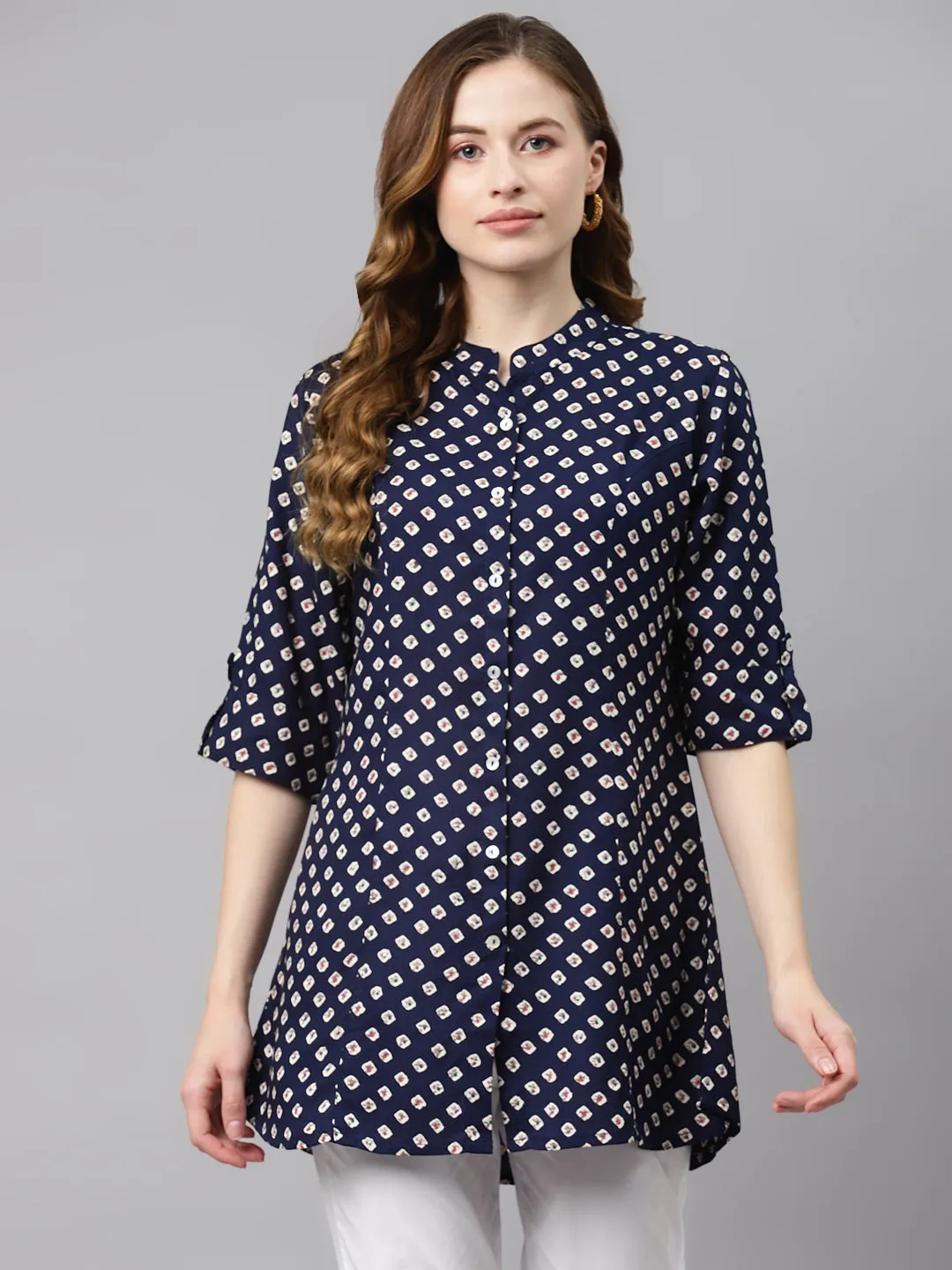 Women'S Blue Bandhani Print Rayon Top