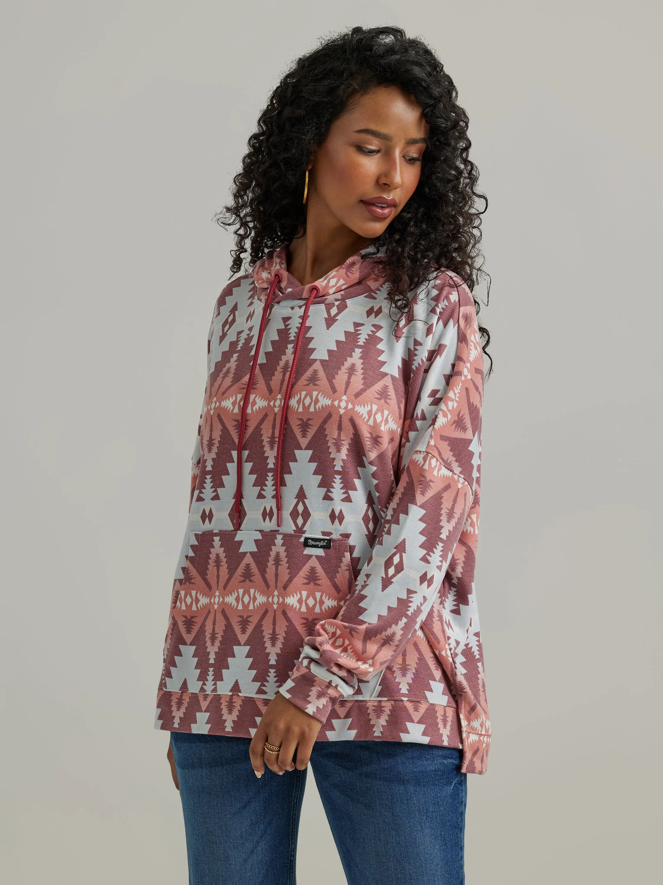 Wrangler Retro Pink/White Aztec Print Pullover Light Weight Hoodie for Women