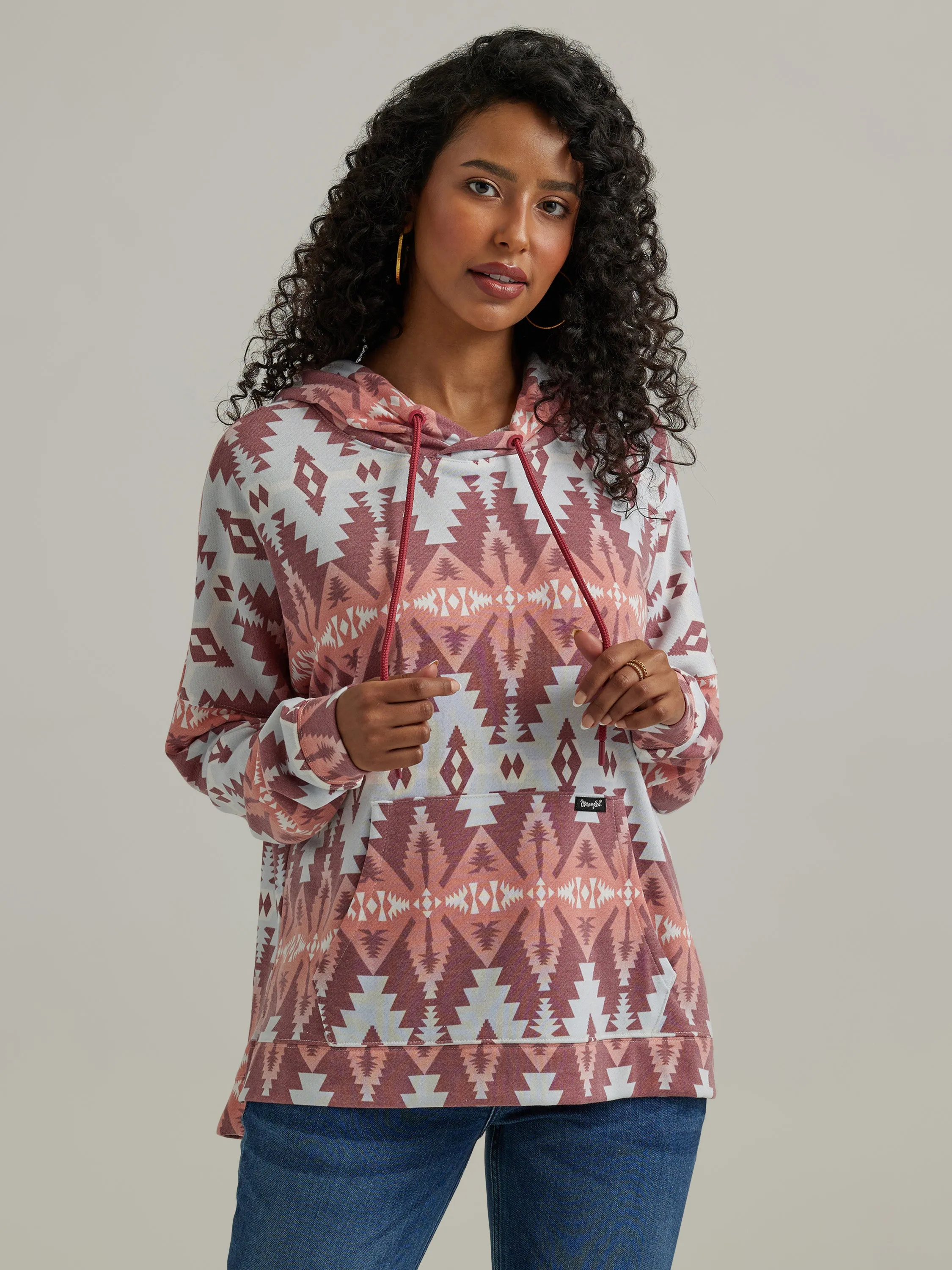 Wrangler Retro Pink/White Aztec Print Pullover Light Weight Hoodie for Women